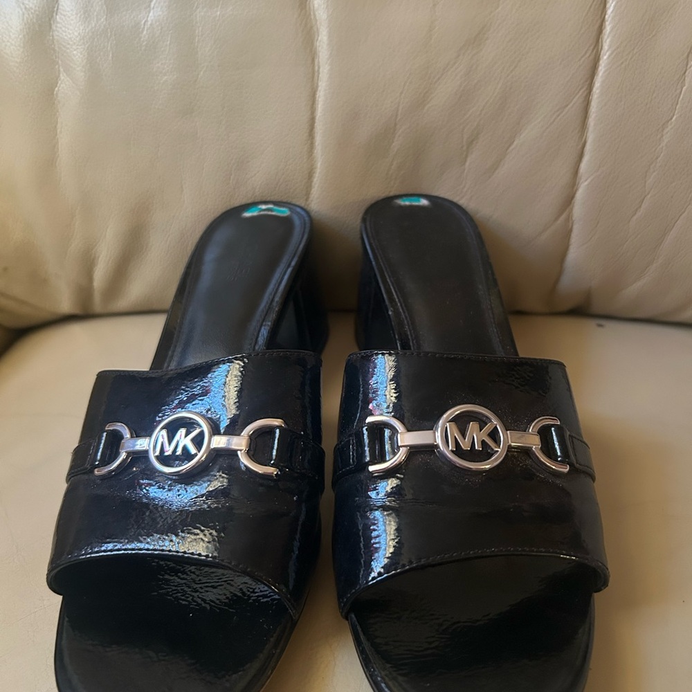 Michael Kors Glossy Black Slides with Silver Logo
